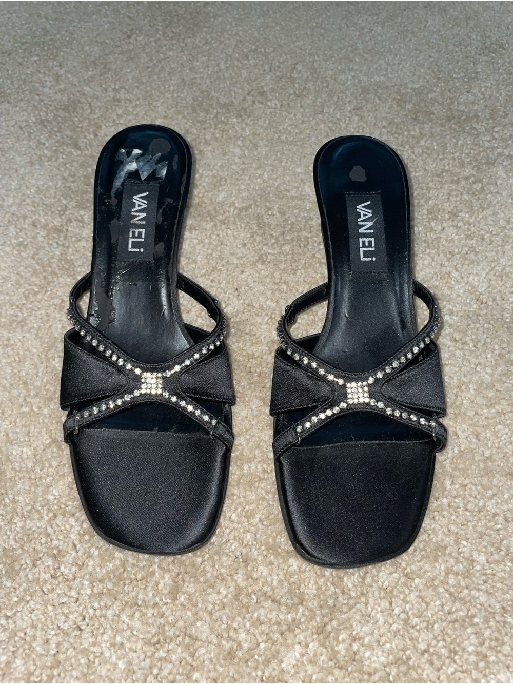 Vaneli Black Satin Crystal-Embellished Kitten Heels